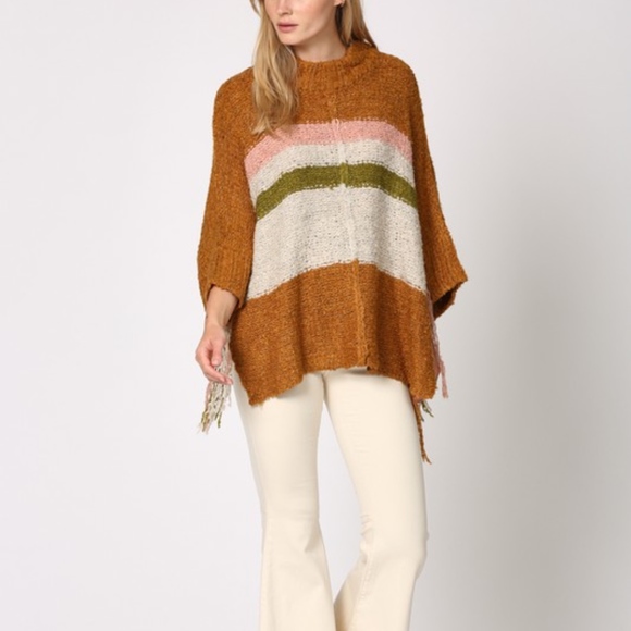 Last 1! NWT Boho fringe striped poncho Sweater - Picture 3 of 9